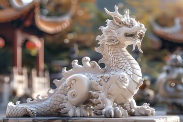 A colorful dragon with long horns stands on a rock