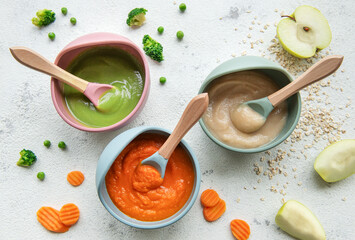 Healthy baby food in bowls