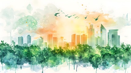 Dreamy Ecological Cityscape Blending Nature and Urban Life in Watercolor