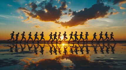 Silhouettes of diverse athletes running together during a marathon at dawn, symbolizing teamwork and endurance