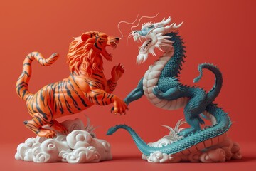 Obraz premium tiger and a dragon are fighting in the water