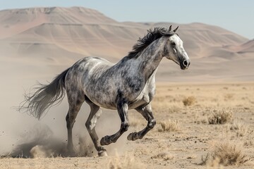 Obraz na płótnie Canvas Grey Horse Galloping in the Vast Desert: Nature's Freedom and Grace Portrait