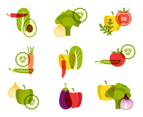 1474_Set of colorful vegetables icons with overlay effects isolated on white background