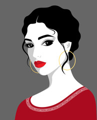 1478_Beautiful woman with full red lips, looking thoughtfully, colorful vector portrait
