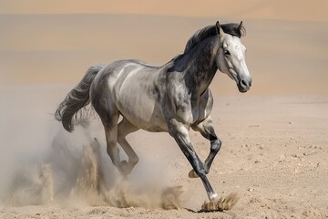 Wild Grey Horse Dancing Free in Desert Wilderness