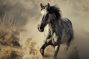 Obraz na płótnie Canvas Wild Spirit of the Desert: Grey Horse in Dramatic Rise, Symbol of Power and Freedom