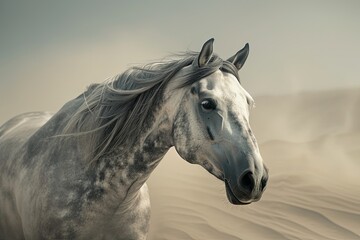 Desert Defiance: Majestic Grey Horse with Flowing Mane