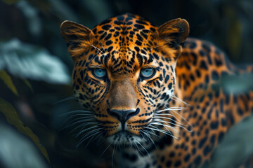 A leopard with blue eyes is looking at the camera against a dark background