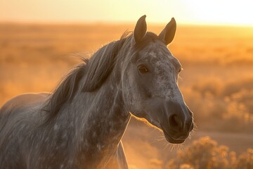 Fototapeta premium Grey Horse Desert Sunrise: Serenade of Light and Shadow with Swirling Dust