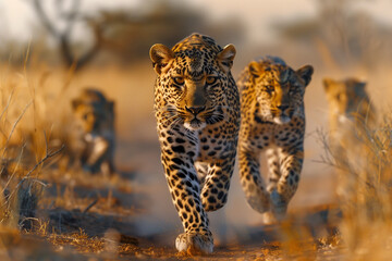 Leopard family running towards the camera, with motion blur, with a savanna background