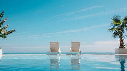 Obraz premium Minimalist Chic Deckchairs by Modern Hotel Pool Framed with Exotic Plants and Clear Blue Sky