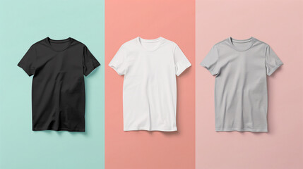 Mockup of clothes collections for an advertisement, poster, or art design. Three basic white, grey, and black t-shirt are displayed on a colorful pastel background.