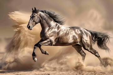 Grey Horse in the Desert: Majestic Muscle Display