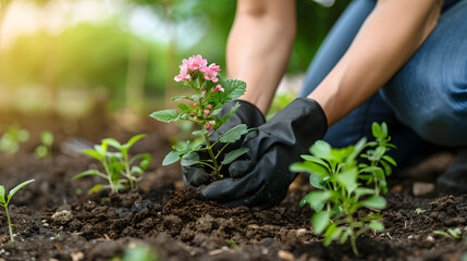 Individual planting a flower in the soil of a terrestrial plant event