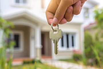 A hand presents a key with a blurred residential home in the background, symbolizing new homeownership or real estate investment.