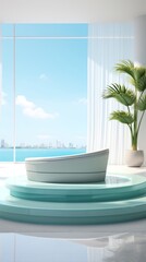 futuristic bathroom with a large window overlooking the ocean, there is a bathtub in the center of the room