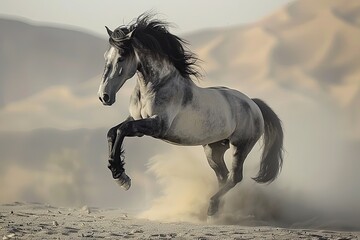 Grey Horse Rearing: Spirit of the Wild in the Desert