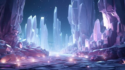 Obraz premium Mystical quarry glowing with iridescent crystals under a starry night sky