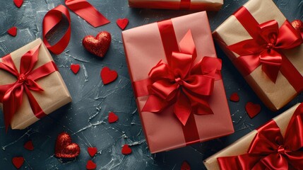 Celebrate the love filled occasion of Valentine s Day with a captivating close up shot capturing beautifully wrapped gifts in vibrant paper adorned with satin bows showcasing classic symbol