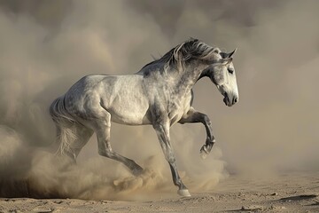 Obraz na płótnie Canvas Rising Majesty: The Grey Horse Drama in the Desert
