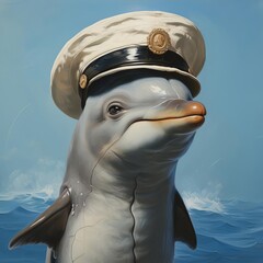 A painting of a dolphin wearing a white and black captain's hat with a gold badge.
