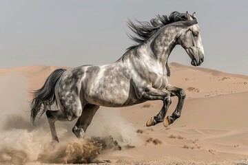 Majestic Grey Horse Leaping in Dust Clouds: Silver Desert Display