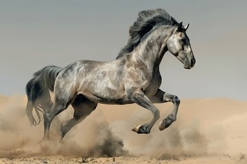 Obraz na płótnie Canvas Majestic Grey Horse Rearing in Desert Wilderness - Untamed Spirit Captured
