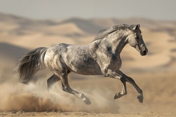 Majestic Grey Horse Leaping Silver in Desert Dust Storm