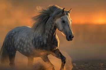 Obraz na płótnie Canvas Glorious Grey Horse: Desert Spirit Rearing in Sunset Dust