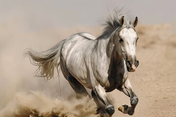 Storming Stallion: Grey Horse's Desert Charge - A Spectacle of Speed and Dust