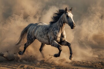 Obraz na płótnie Canvas Grey Horse Galloping: A Serenade to Sunrise in the Desert