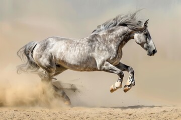 Obraz na płótnie Canvas Grey Horse's Majestic Leap: Wild Freedom and Powerful Grace in Sandy Expanse