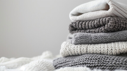 Stack of folded clothes on plain background with copy-space for text. Winter collection. Knitted sweaters in white and grey color tones were displayed on a plain grey background and knitted blanket.