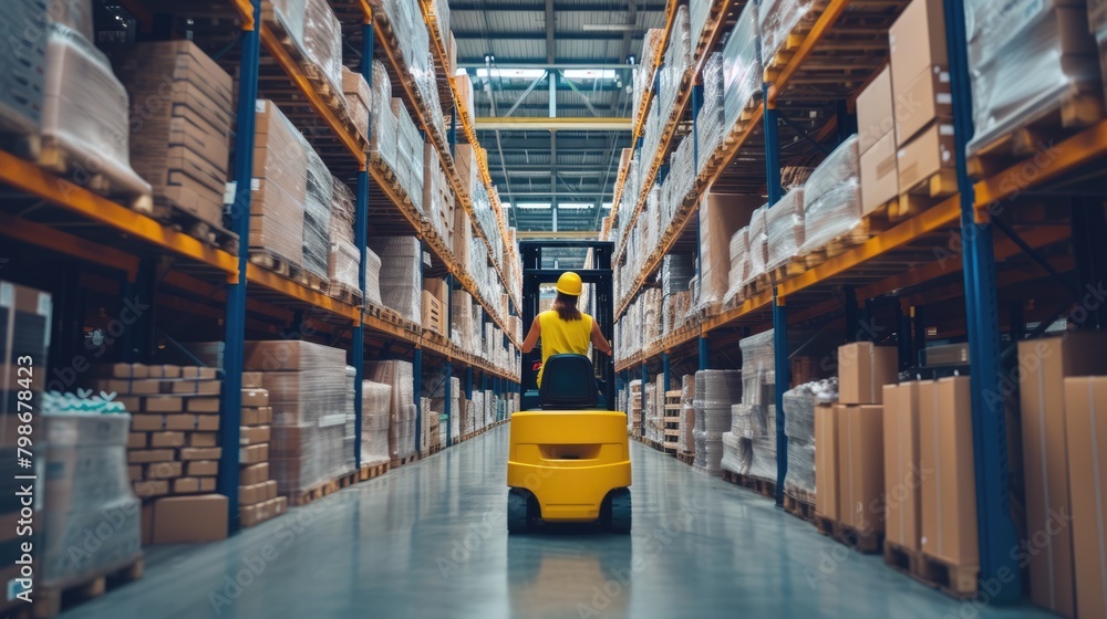 Poster smart warehouse worker or operator driving forklift and lifted product surrounded with box at storag