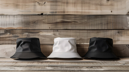 Mockup of clothes collections for an advertisement, poster, or art design. Three basic white, grey, and black bucket hats are displayed on a wooden background.