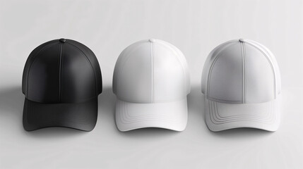 Mockup of clothes collections for an advertisement, poster, or art design. Three basic white, grey, and black caps are displayed on a plain white background. Top view.