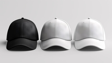 Mockup of clothes collections for an advertisement, poster, or art design. Three basic white, grey, and black caps are displayed on a plain white background. Front view.