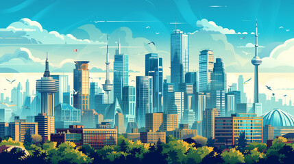Naklejka premium Imagine a city skyline during a morning with towering skyscrapers and clouds, representing a blend of architecture from Hong Kong, New York, and other major cities, encapsulating elements of business,