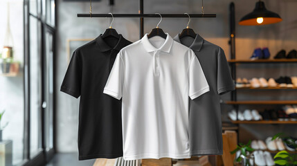 Mockup of clothes collections for an advertisement, poster, or art design. Three basic white, grey, and black hanging polo shirts are displayed on a shop background.