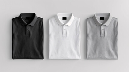 Mockup of clothes collections for an advertisement, poster, or art design. Three basic white, grey, and black folded polo shirts are displayed on a plain white background.