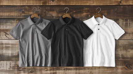 Mockup of clothes collections for an advertisement, poster, or art design. Three basic white, grey, and black hanging polo shirts are displayed on a wooden background.