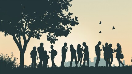 Graphic of a multiracial group of friends, male and female, laughing and enjoying a day in the park, depicted as silhouettes