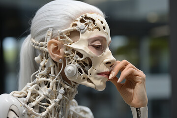 A pensive android with a humanoid face and mechanical details
