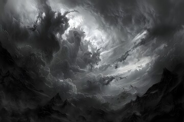 Ominous Gothic Clouds Loom Over Shadowy Landscape in Dramatic Monochromatic Atmospheric Scene