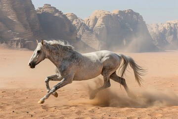 Fototapeta premium Grey Horse Galloping Against Expansive Desert Backdrop: A Moment of Pure Natural Beauty