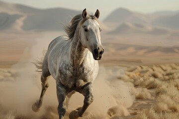 Obraz premium Graceful Grey Horse Galloping Against Expansive Desert Backdrop