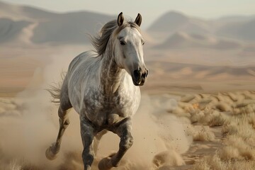 Graceful Grey Horse Galloping Against Expansive Desert Backdrop