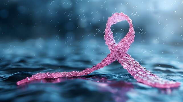 Conceptual image of cancer research and oncology treatment with pink awareness ribbon symbol in water droplets during storm