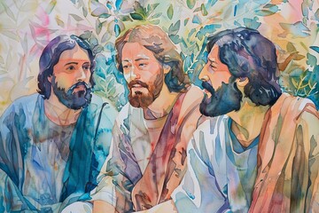 Art Illustration of Jesus Christ's Disciples: Vibrant Watercolor Spiritual Journey