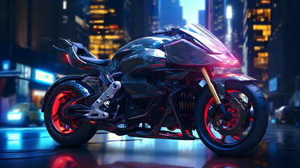 Futuristic motorcycle parked in the middle of city